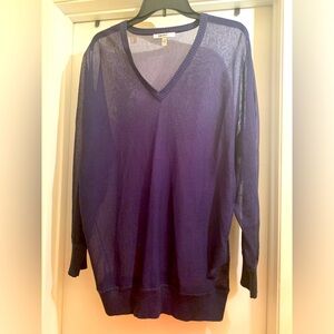 Donna Karan NYC long sleeve v-neck sheer blue sweater top.